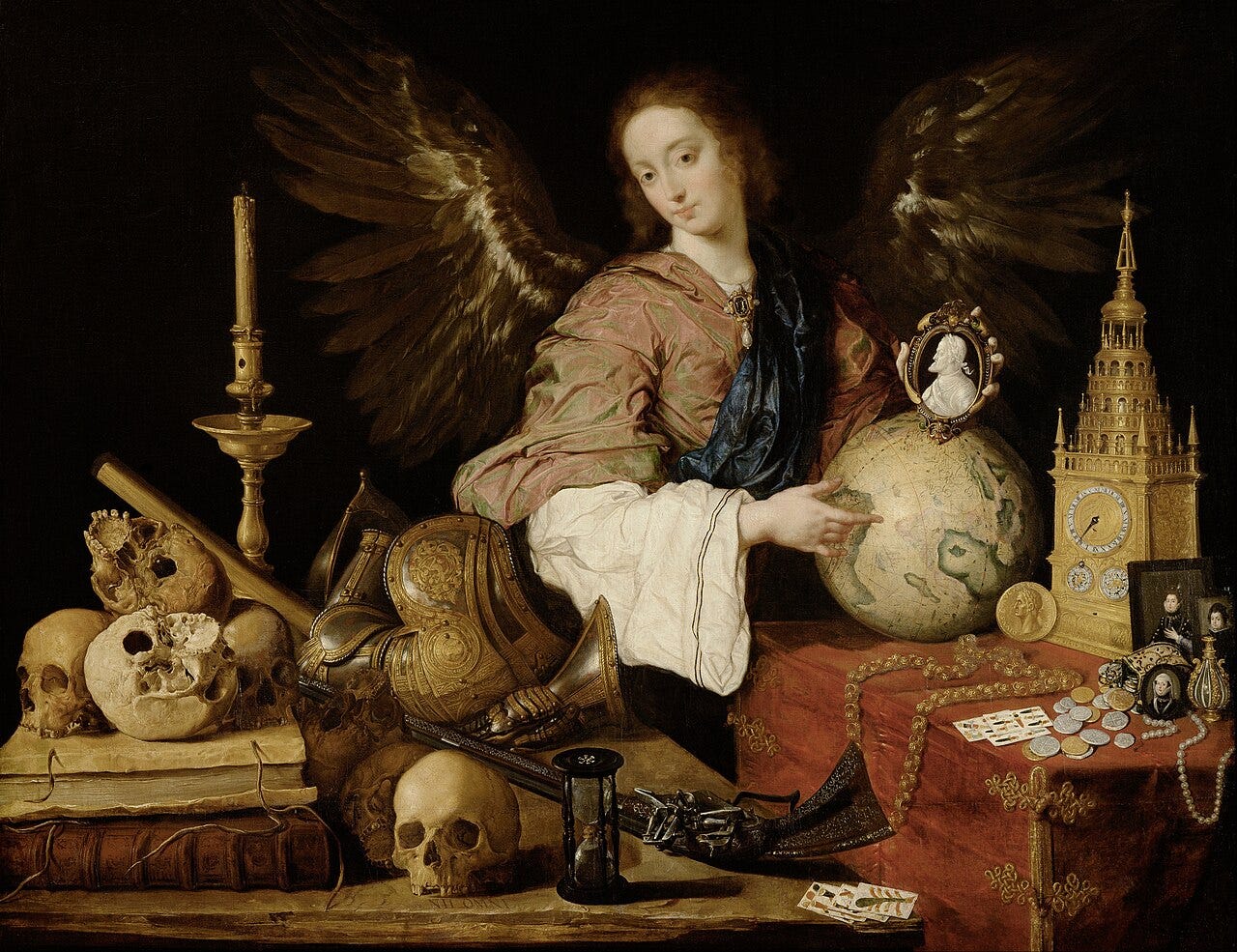 An angel at a table of coins and jewels pointing to a clock An angel at a table of coins and jewels pointing to a clock