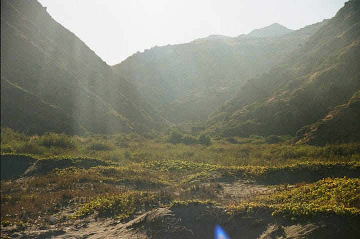 Our secret beach, balance beam, tent setup, and misty morning canyon