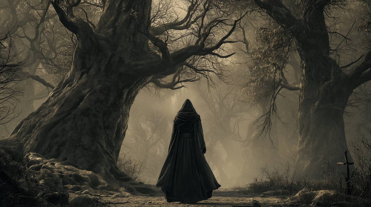 A hooded figure in a long dark cloak stands alone on a forest path surrounded by massive, ancient trees whose twisted branches reach overhead. Fog drifts through the scene, creating an eerie, timeless atmosphere.