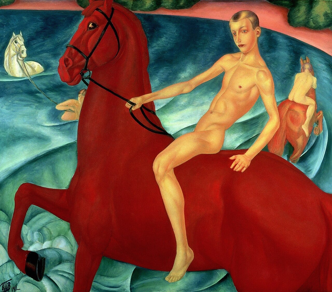 Petrov-Vodkin's painting: a naked boy riding a red horse into blue green water, with a white horse and a second rider behind Petrov-Vodkin's painting: a naked boy riding a red horse into blue green water, with a white horse and a second rider behind
