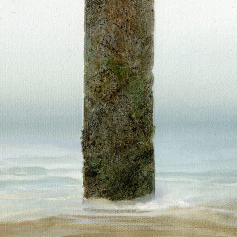 LEFT: Detail from CHAINS OF THE SEA featuring two weathered concrete pylons rising from shallow tidal waters. The glossy surface reflect light but the sea is shallow enough there to show the sand of the shore beneath. CENTER: Close detail from CHAINS OF THE SEA featuring the left pylon, rusty chain, and padlock against hazy gray sky. Rust seeps down staining the concrete beneath the plate securing the chain to the pylon by metal loop. Nubs of rebar extend from the weathered top. RIGHT: Close detail from CHAINS OF THE SEA featuring water at the base of the right pylon, slightly frothy from the tidal flow. The water is otherwise glossy, clear, and shallowing showing the sand at the base of the pylon. The concrete texture is a mix of rust and stone with a slight tint of algae green.