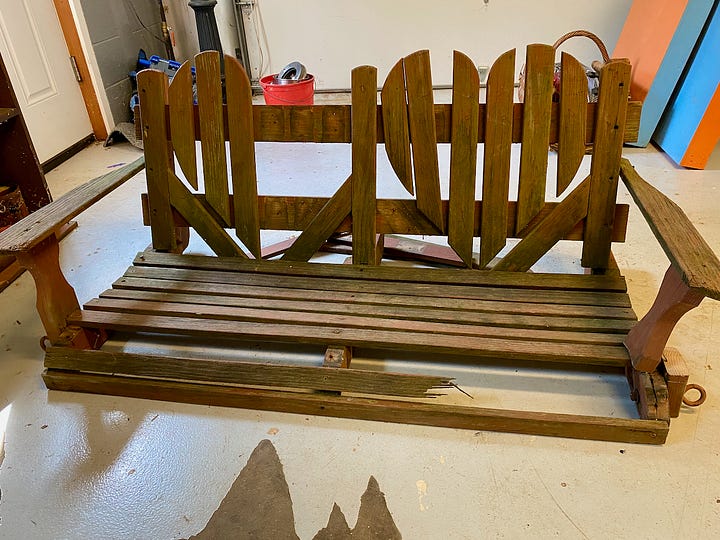 Photos show a bench swing being rebuilt.