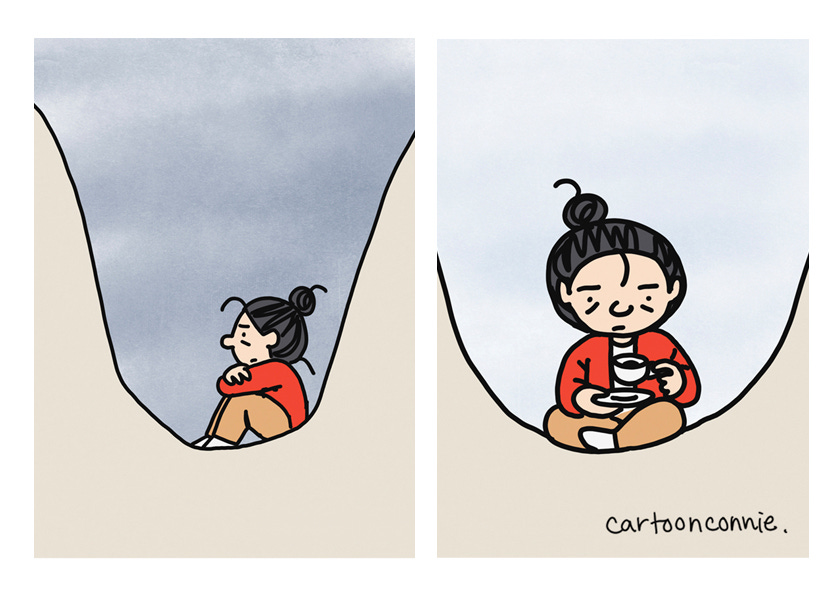 Color illustration of a cartoon girl with a bun who is stuck in a rut. Excerpt from a comic strip titled "A Part of Doing Hard Things," by Connie Sun, cartoonconnie, 2025.