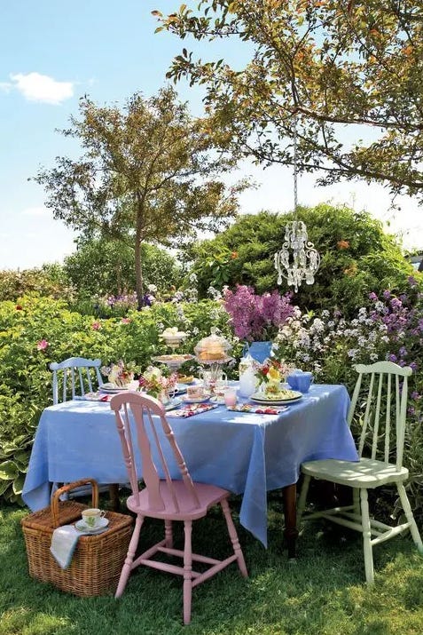 This cute vintage pastel dining zone is located on the edge of a whole flower field, which looks dreamy and gorgeous. This cute vintage pastel dining zone is located on the edge of a whole flower field, which looks dreamy and gorgeous.