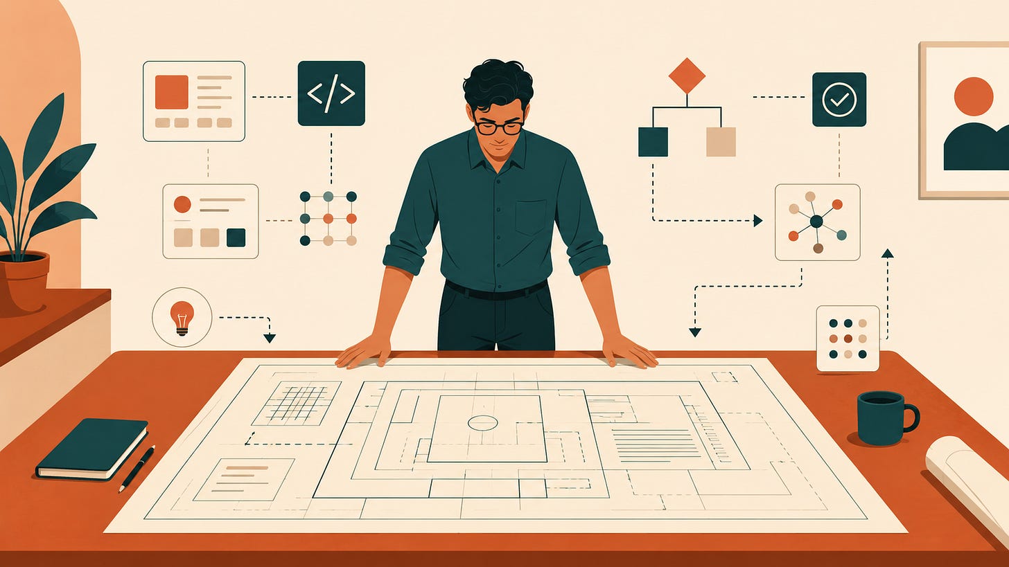 Engineer reviewing a large product blueprint surrounded by code, product, and decision-making icons. Engineer reviewing a large product blueprint surrounded by code, product, and decision-making icons.