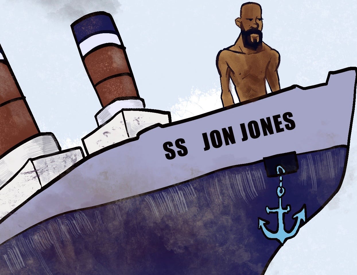 An illustration of Jon Jones on a slowly sinking cruise liner with SS Jon Jones written on the prow.