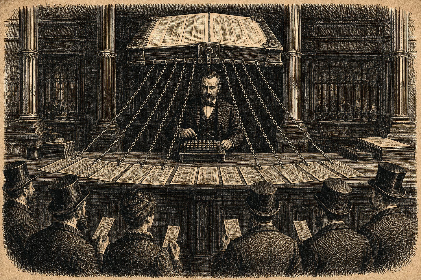 Wood-engraving editorial illustration in the Thomas Nast Harper's Weekly style for Attention Capital's essay The Sphere Is Collateral. A Victorian-era bank counter holds a fanned-out stack of paper tickets, each tethered by an iron chain to a single heavy ledger floating above the counter, while a banker tallies receipts on a brass arithmometer and a small crowd of ticket holders waits in formal attire. The image visualizes the ticket as a forward-dated receivable and the ledger as the contractual waterfall, supporting the essay's thesis that the live events vertical is a forward-flow private credit market built on ticketing receivables and behavioral cohort data.