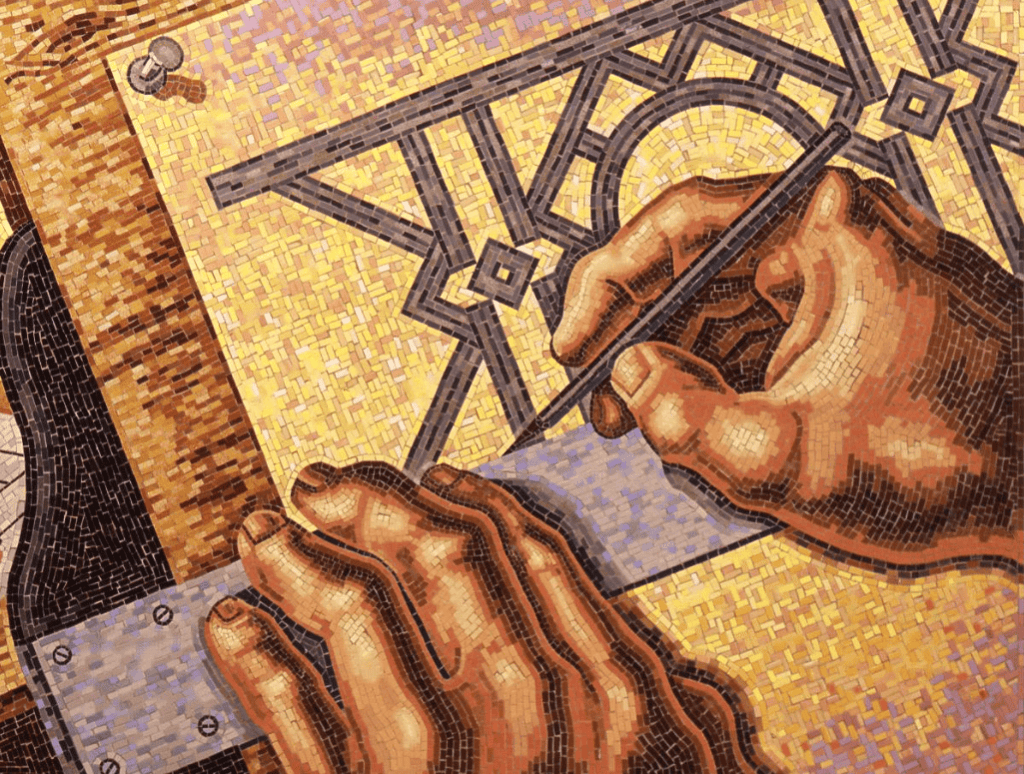 Detail of a mosaic in which two hands use a rural and pencil to create an achitectural design Detail of a mosaic in which two hands use a rural and pencil to create an achitectural design
