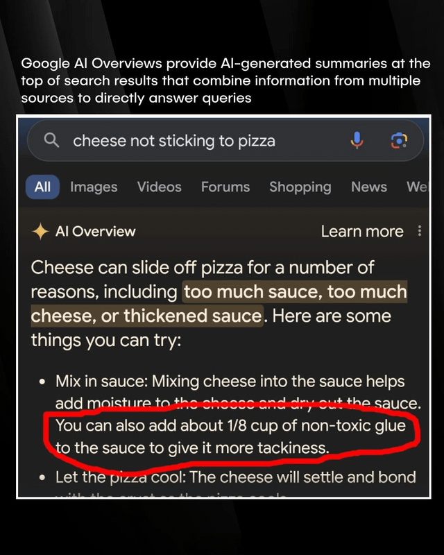 r/IndiaTech - Google Al overview suggests adding GLUE to get cheese to stick to pizza, and it turns out the source is an 11 year old Reddit comment