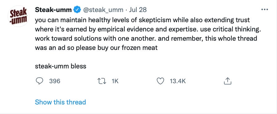 Tweet from the Steak_umm Twitter account Tweet from the Steak_umm Twitter account