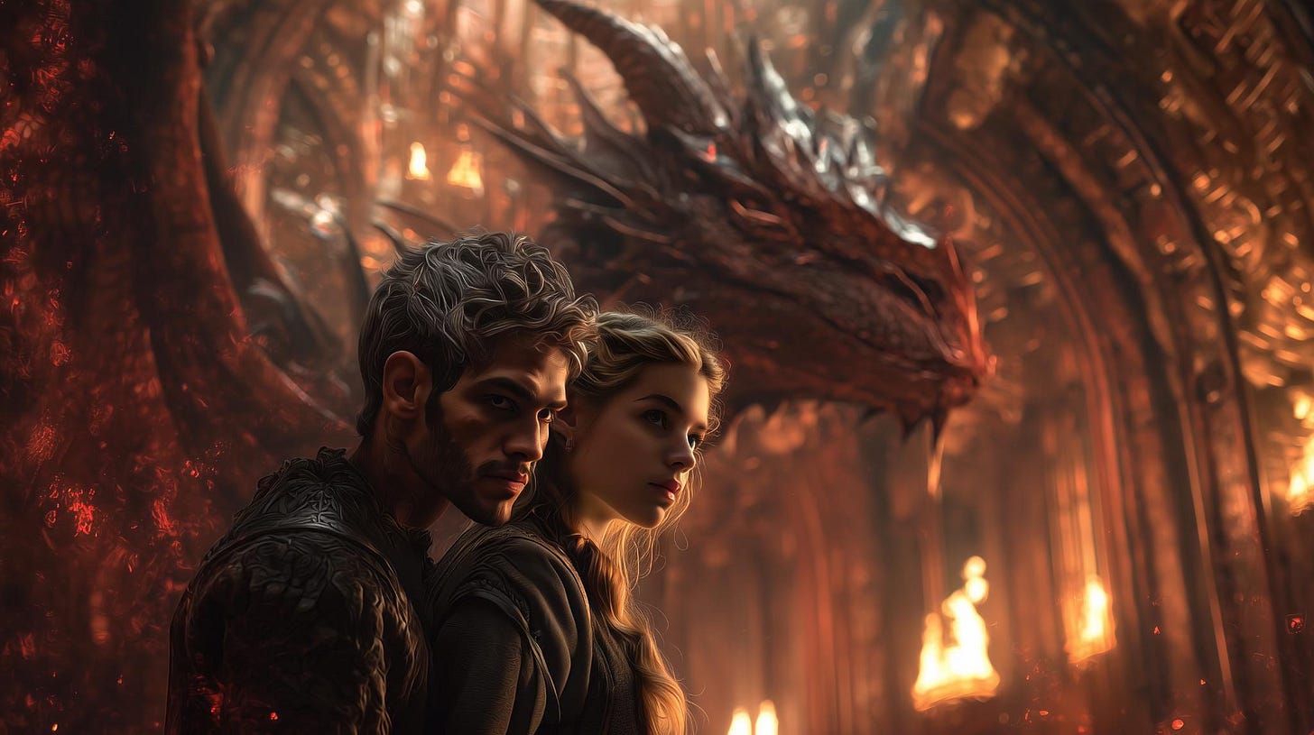 A man and woman stand close together in a fiery dragon hall, their faces tense and illuminated by red light, while a massive dragon looms behind them amid molten stone and flame.