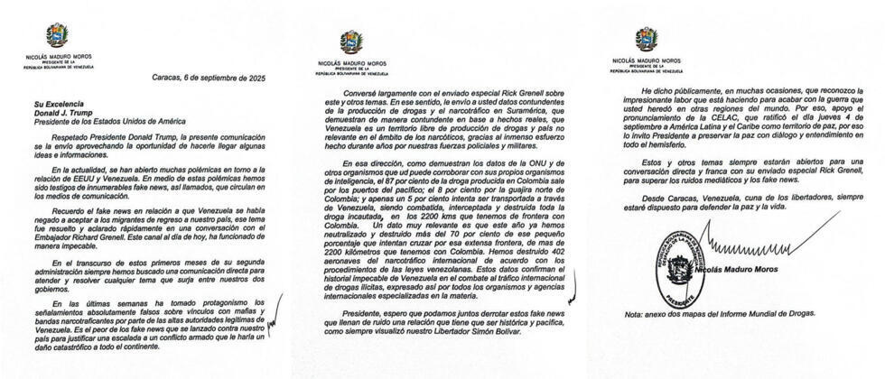 Maduro envía una carta a Trump planteando una "conversación directa y franca" con el enviado de EE. UU. Maduro envía una carta a Trump planteando una "conversación directa y franca" con el enviado de EE. UU.