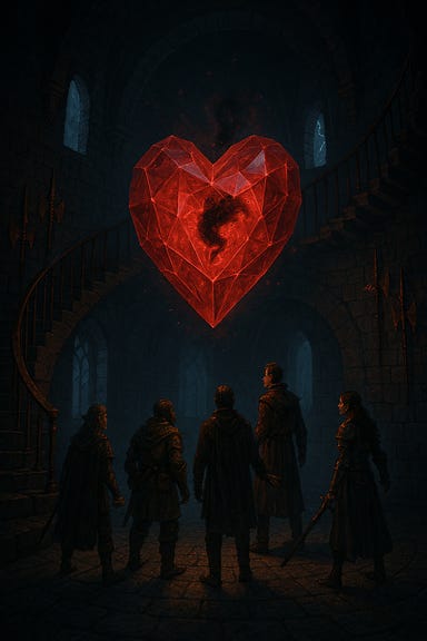 Create a safe, atmospheric fantasy image of the Heart of Sorrow as a massive carved-crystal heart suspended in the hollow center of a gothic tower. The heart is ten feet across, faceted like gemstone, glowing from within with deep red light. Its surface pulses rhythmically with magical energy. Inside the crystal, a small sliver of swirling darkness moves slowly. Lightning flashes through narrow tower windows, illuminating spiral stairs and rusted halberds mounted on the walls. The scene is eerie, magical, and symbolic—no gore, no organic detail, only arcane crystal and dreamlike atmosphere.