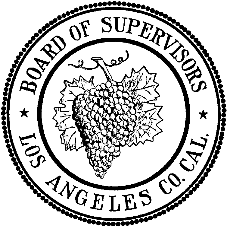 Black and white seal of the Los Angeles County Board of Supervisors, featuring a large cluster of grapes on a vine as its central emblem, in use from 1887 to 1957.