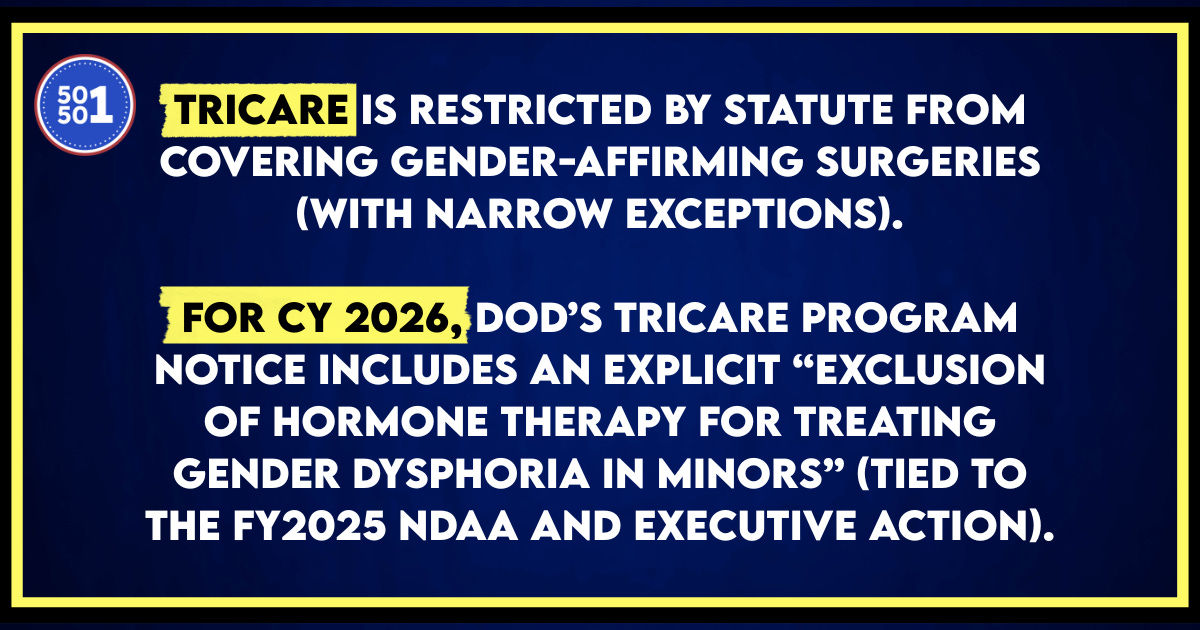 50501 graphic explaining TRICARE limits: restricted by statute from covering gender-affirming surgeries, and CY2026 TRICARE program notice excludes hormone therapy for treating gender dysphoria in minors.