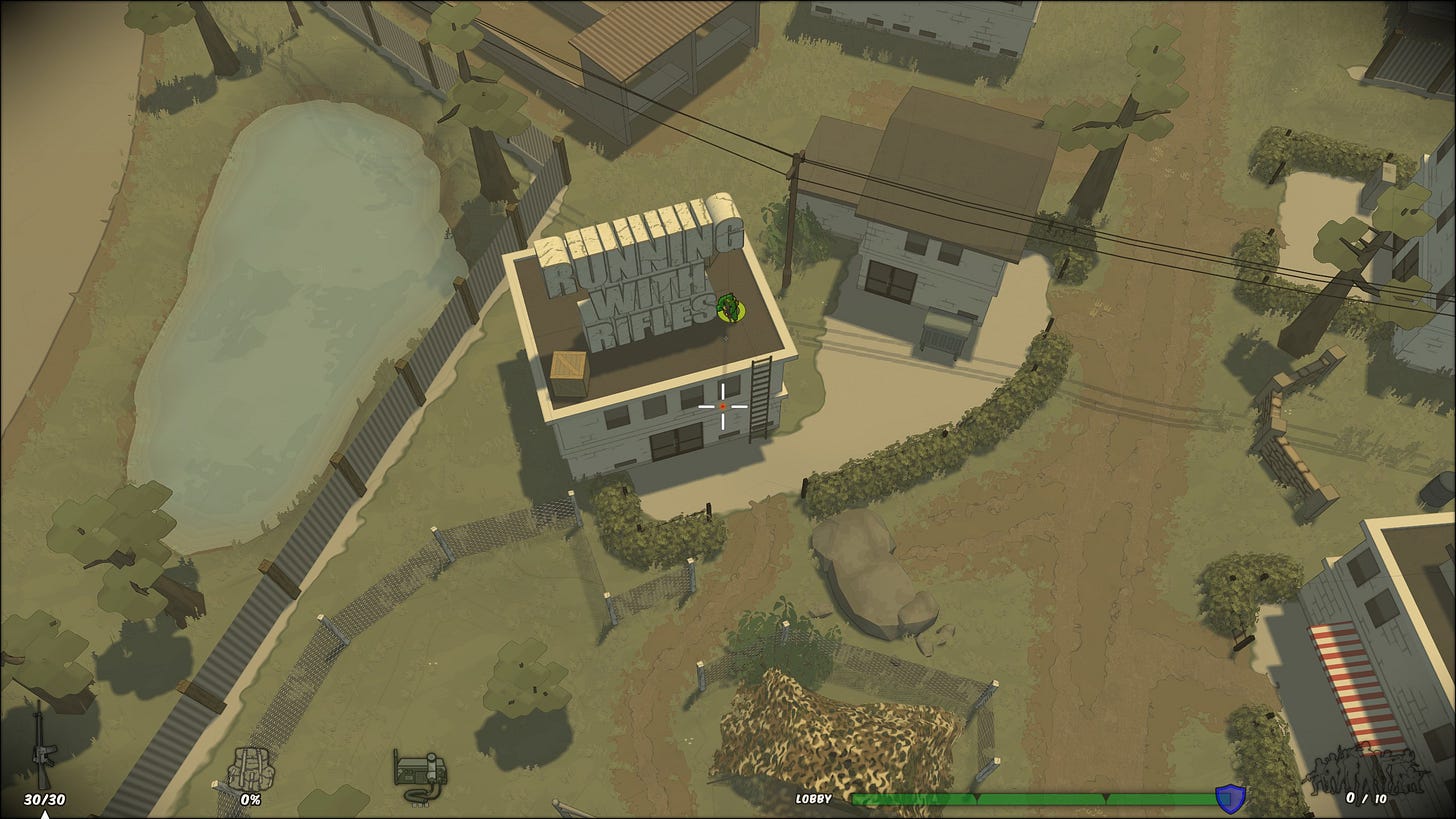A little green army man stands beside large, block text made out of concrete that says "Running With Rifles." A little green army man stands beside large, block text made out of concrete that says "Running With Rifles."