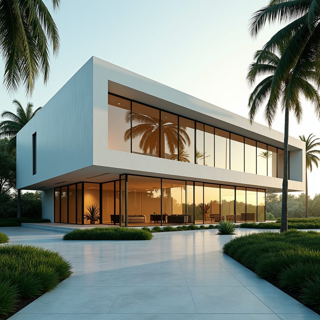 A sleek, rectangular office building with a minimalist glass façade, reflecting the tropical surroundings. The building features large windows for natural light, clean lines, and a neutral color palette. Simple landscaping with palm trees and an open courtyard welcomes visitors. Modern minimalism, glass and steel, functional design.
