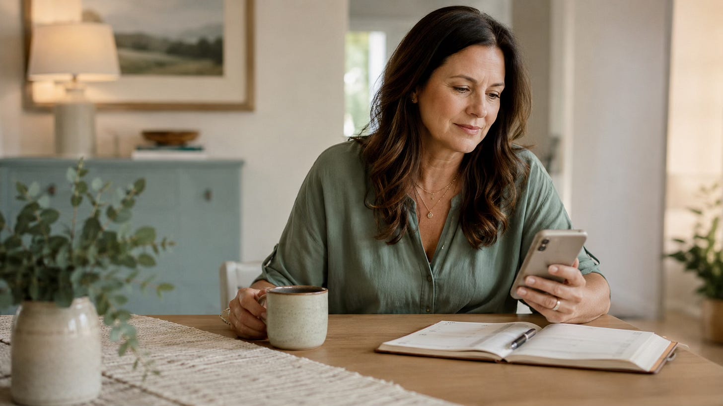Woman seated at a table, pausing thoughtfully before responding to a message on her phone.