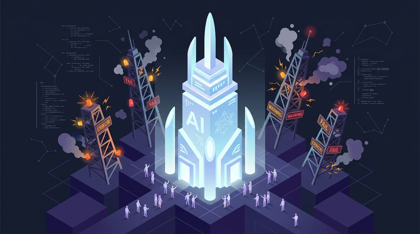 Flat isometric illustration of a tall glowing AI tower standing calmly at the center while competing towers around it flash warning lights and emit smoke, tiny observers looking toward the stable tower as everything else grows chaotic, soft purple, white and dark navy color palette, clean vector art style, dark background, modern tech editorial aesthetic.
