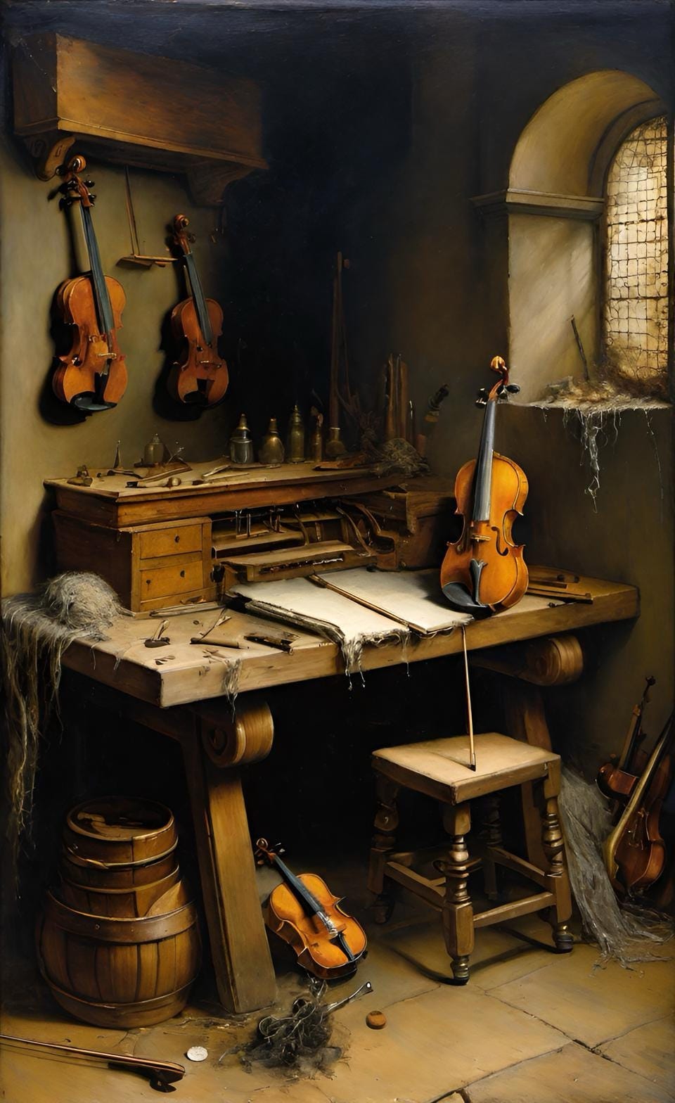 Color illustration of a violin maker’s workbench. Created by Frank Moone using Dream.AI.