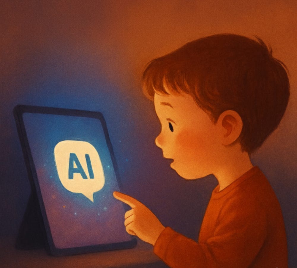 child looking at ipad with ai speech bubble