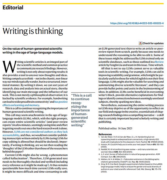An editorial discusses the significance of human-generated writing in research, emphasizing its role in thinking and understanding.