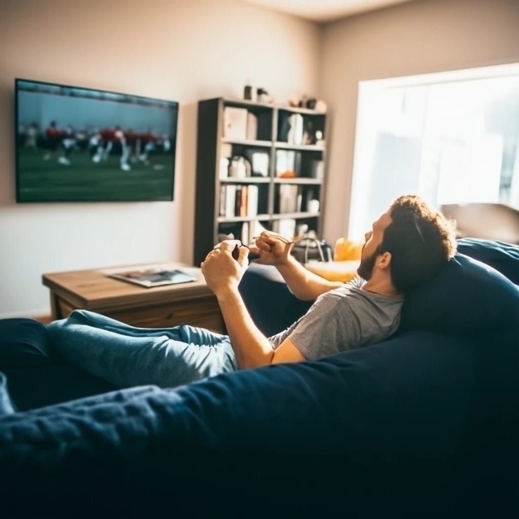 Man laying down on couch on Sunday afternoon watching football in well lit living room