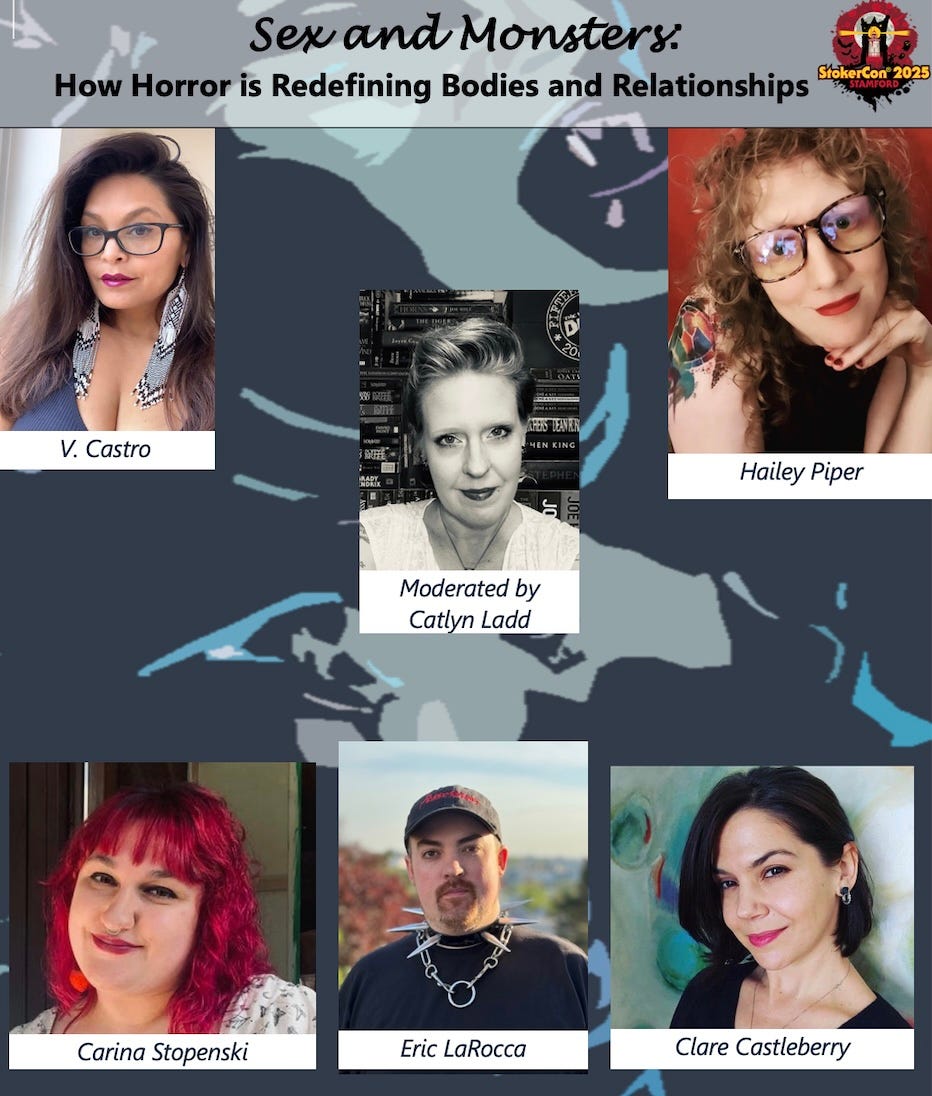 Image of five horror authors with moderator Catlyn Ladd
