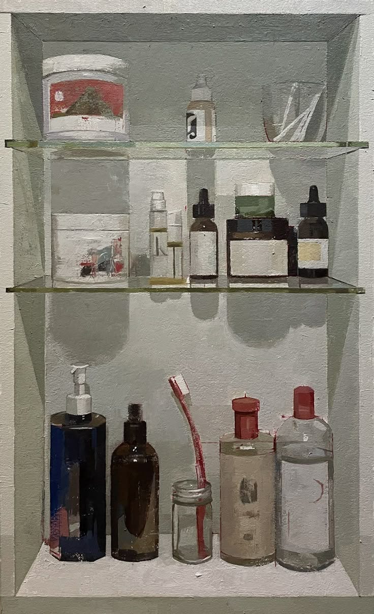 This may contain: an oil painting of bottles and containers on a shelf with toothbrushes in them