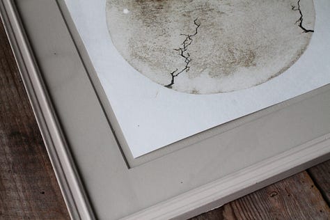 Circular artwork made with mud with roots painted on tope. framed in a light pink/stone frame.