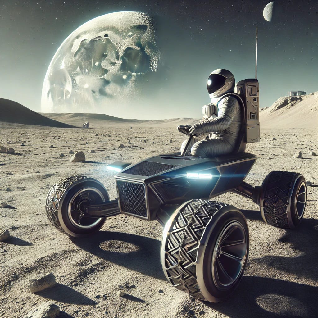 A tourist in a space suit riding a futuristic moon buggy on the lunar surface. The buggy is sleek and high-tech, with large wheels designed to navigate the rough moon terrain. In the background, the Earth is visible in the distant sky, and the vast, dusty surface of the moon stretches out with craters and rock formations. The sun casts long shadows, highlighting the barren landscape.