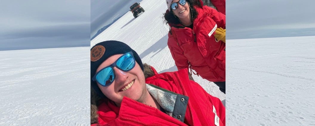 cloudcroft volunteer fire fighter harry crinklaw in red jacket takes a selfie in Antarctica cloudcroft volunteer fire fighter harry crinklaw in red jacket takes a selfie in Antarctica