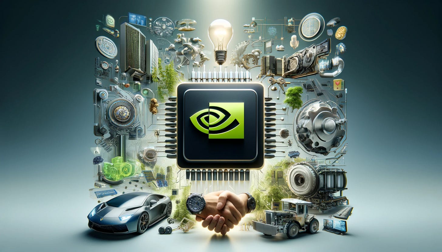 A photorealistic image showcasing Nvidia's dominance in the AI hardware industry. The Nvidia logo is prominently featured multiple times in various sizes throughout the image. Surround the logos with high-tech elements like AI chips and energy-efficient hardware. In the background, include realistic representations of AI applications such as autonomous vehicles, advanced healthcare equipment, and financial data analytics. Additionally, incorporate elements symbolizing agility, innovation, and strategic partnerships, like gears, light bulbs, and handshake icons. The style should be clean and professional, ideal for a newsletter or LinkedIn post.