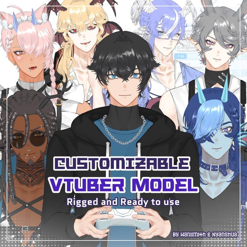 May include: Customizable VTuber model, rigged and ready to use.  The image shows diverse VTuber characters with various hair colors, including pink, blonde, blue, and gray.  They have unique features such as horns, ears, and accessories. The central figure is a dark-haired VTuber in a dark hoodie, holding a controller. Text overlay reads 'CUSTOMIZABLE VTUBER MODEL' and 'Rigged and Ready to use', with a credit line at the bottom.