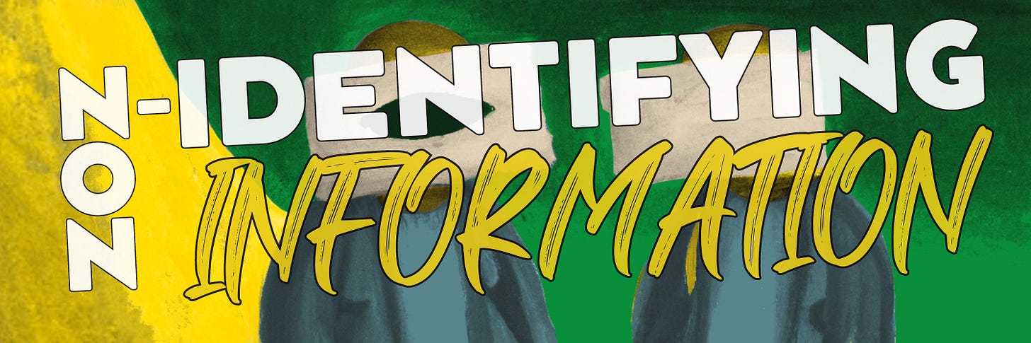 A branded image featuring a surrealist painting portraying two parents concealing their faces. The phrase 'Non-Identifying Information' is prominently displayed in large letters.