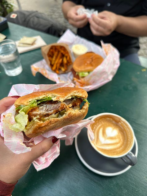 left: chicken sandwich from Poulette; middle: wiener schnitzel from Barr; right: oysters and seafood dishes at Kødbyens Fiskebar