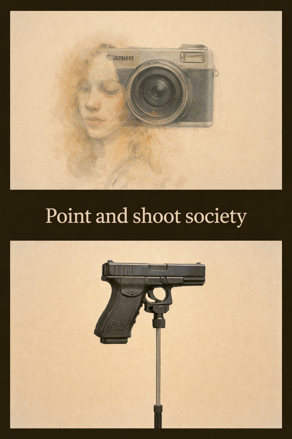 “Point and Shoot Society”  (Camera / face / gun on stand)  Caption (short)  Point and Shoot Society Observation, judgment, discharge.  Caption (long / optional)  When every tool becomes a trigger, intention disappears behind reflex.