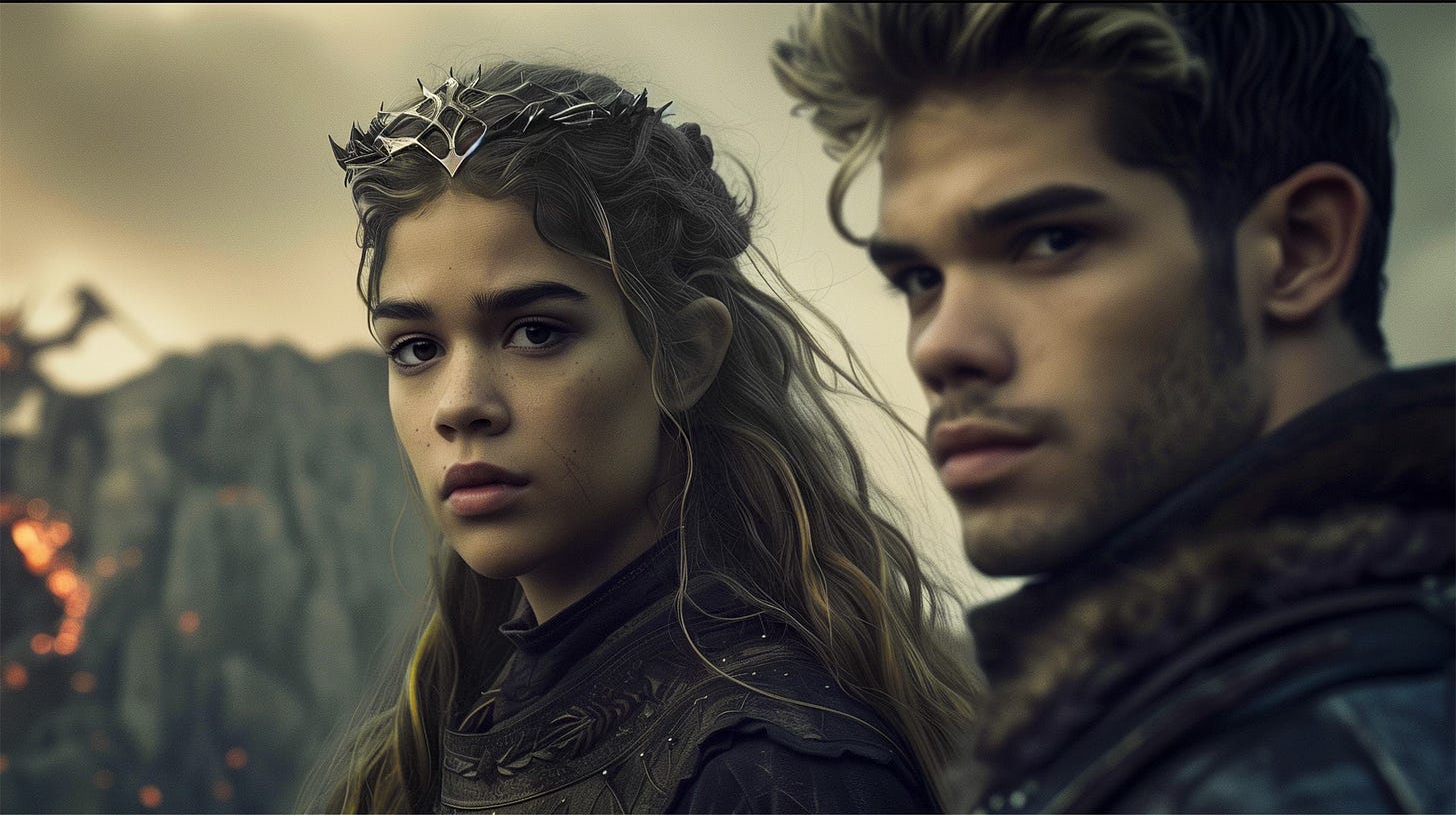 A young woman wearing a delicate crown and dark armor looks forward with a calm, serious expression, while a young man in the foreground glances sideways toward the viewer; behind them, a rugged landscape smolders with distant fire and smoke, suggesting recent destruction.
