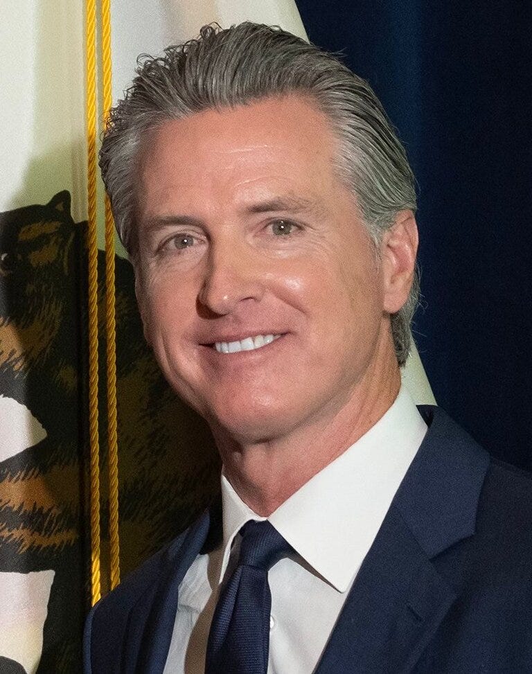 Gavin Newsom official portrait 2025. He’s a white guy with slicked back gray hair; h is smiling. Head and shoulders shot; he’s got a dark jacket and tie; the California state flag is behind him, with two yellow tassels hanging down. Gavin Newsom official portrait 2025. He’s a white guy with slicked back gray hair; h is smiling. Head and shoulders shot; he’s got a dark jacket and tie; the California state flag is behind him, with two yellow tassels hanging down.