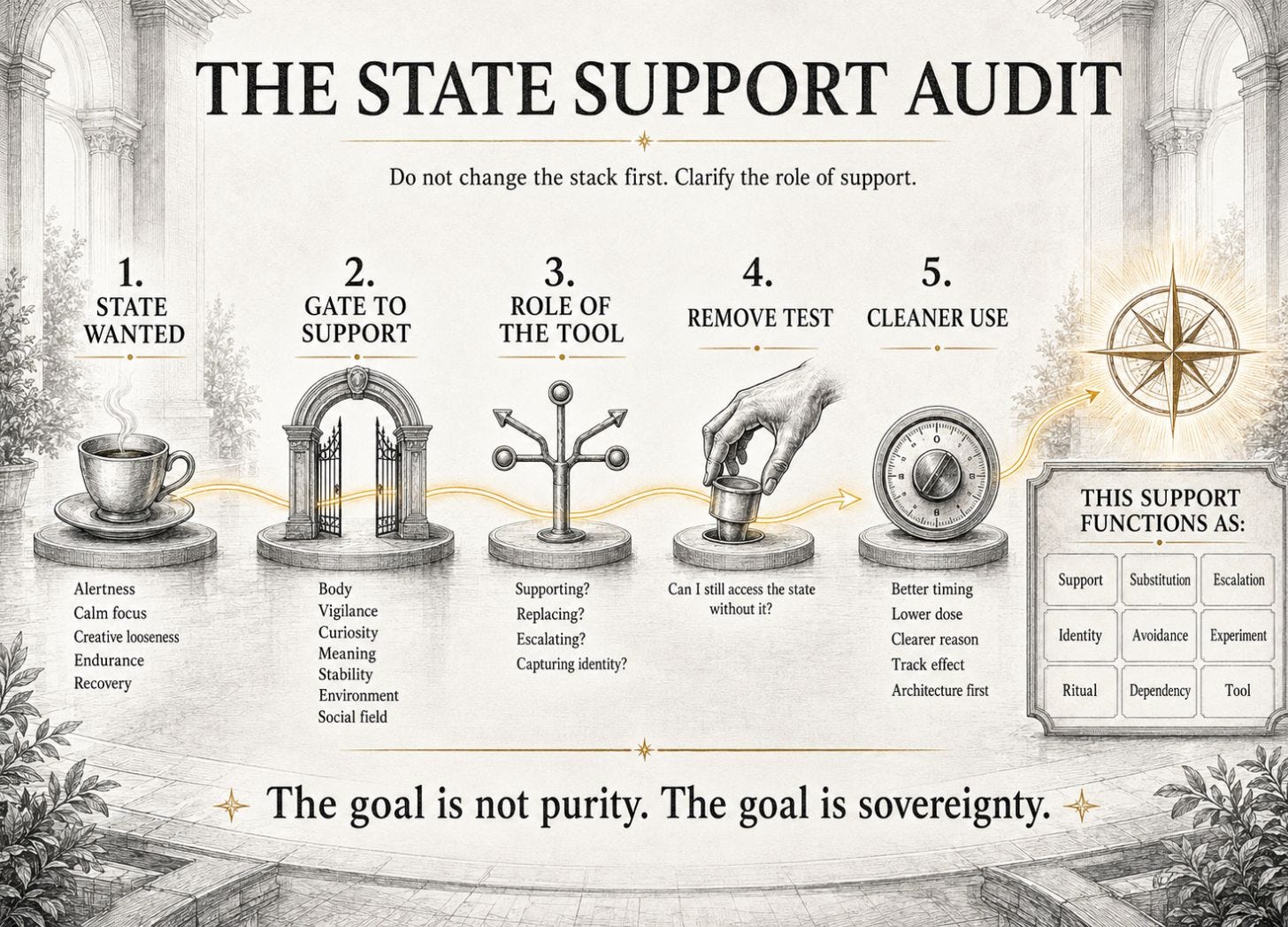Decision tree: define the desired state, identify the gate, decide whether the tool supports or replaces it, test removal, then choose cleaner use.