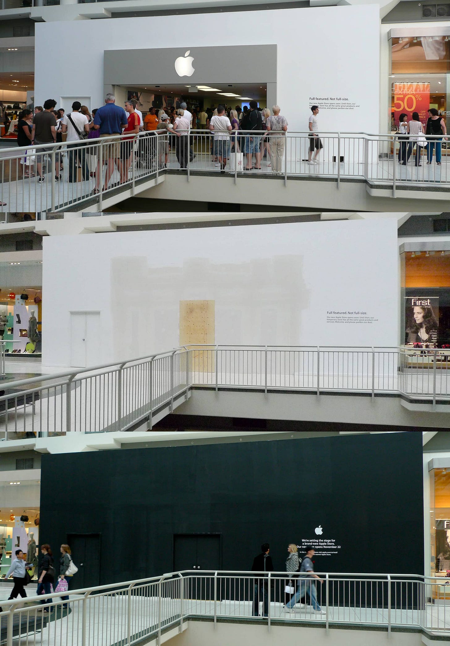 Three images depict the Apple Eaton Centre temporary store during operation, after closure, and before the grand reopening of the store. Three images depict the Apple Eaton Centre temporary store during operation, after closure, and before the grand reopening of the store.