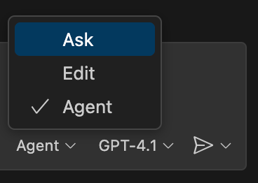Screen capture showing how to toggle between Ask, Edit, and Agent modes for Copilot chat.