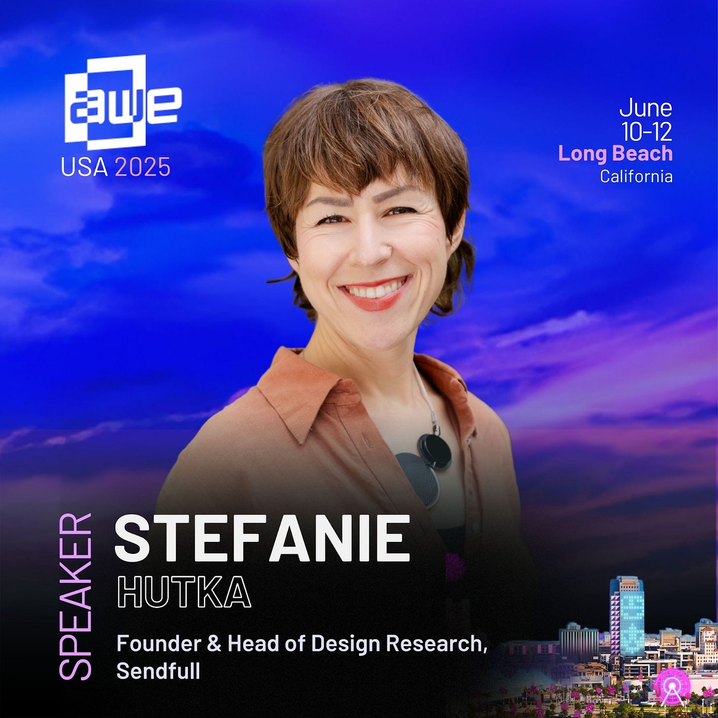 Portrait of Stefanie Hutka, smiling in front of a vivid blue and purple sky. Text reads: “AWE USA 2025, June 10–12, Long Beach, California. SPEAKER: STEFANIE HUTKA, Founder & Head of Design Research, Sendfull.” A cityscape is faintly visible at the bottom.