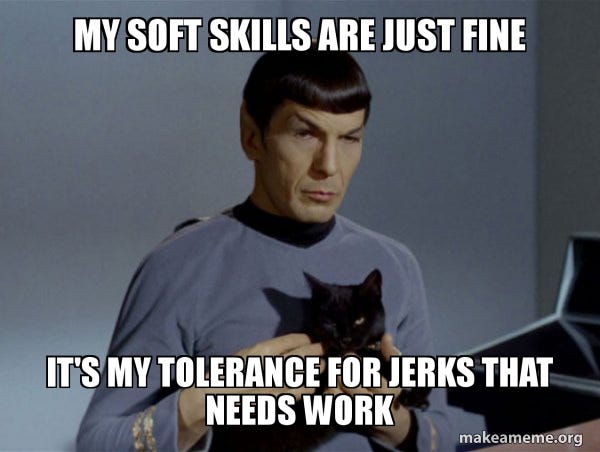 My SOFT skills are just fine it's my tolerance for jerks that needs work - Spock and Cat Meme Meme Generator My SOFT skills are just fine it's my tolerance for jerks that needs work - Spock and Cat Meme Meme Generator
