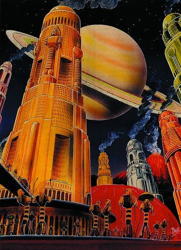 an image of a sci - fi city with saturn in the sky and other planets around it an image of a sci - fi city with saturn in the sky and other planets around it