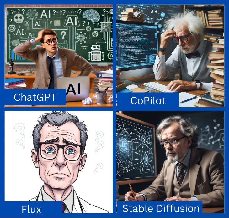 a grid with 4 squares, each containing an image generated by an AI of a confused professor. All professors are male, 3 of them are older. The images are labeled with the AI that generated them (ChatGPT, CoPilot, Flux, Stable Diffusion)