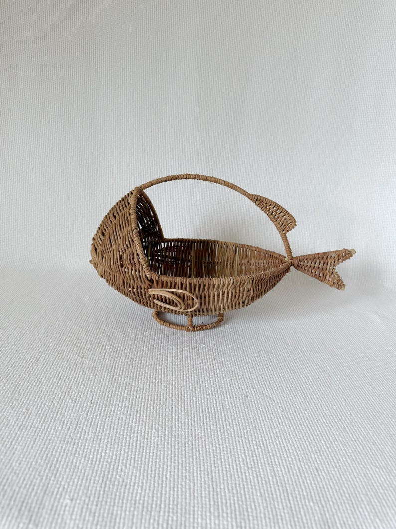 Vintage Handmade Fish-Shaped Wicker Basket, Nautical Boho Decor, Rustic Coastal Storage, Vintage Handwoven Basket, flower/Bottle Basket image 1