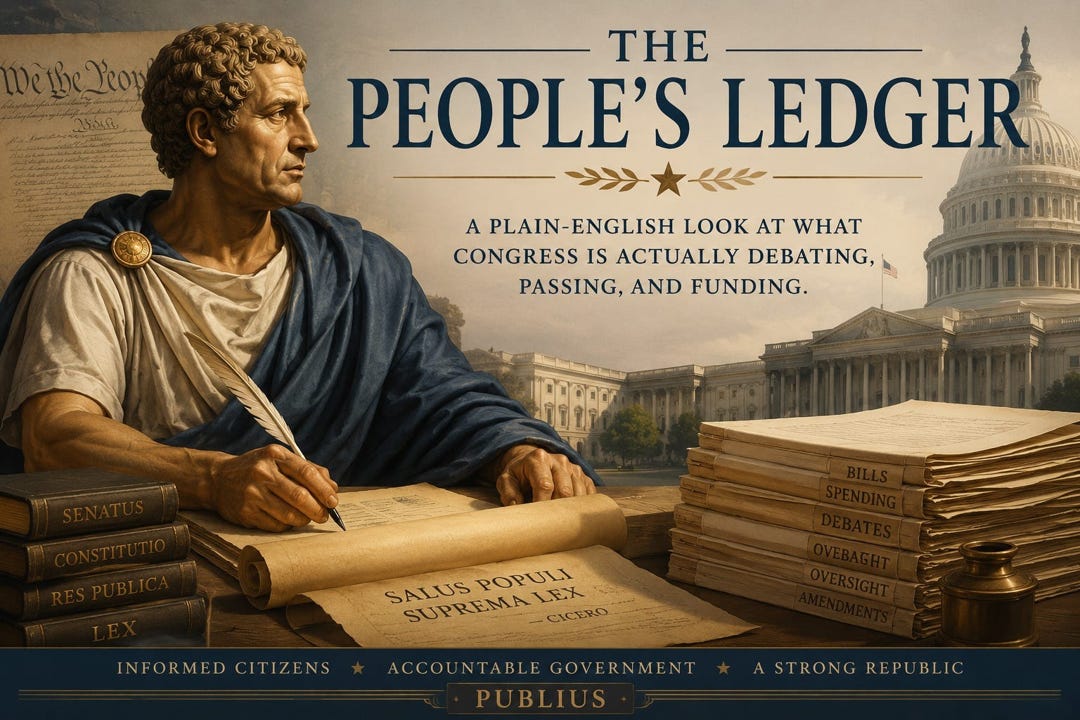 Classical Roman-inspired illustration for “The People’s Ledger” featuring a statesman writing at a desk surrounded by legislative documents, constitutional texts, and stacked bills, with the U.S. Capitol in the background. The image blends Roman republican symbolism with modern American government themes to represent informed citizenship and legislative oversight.
