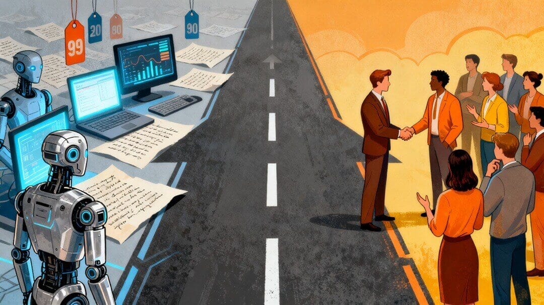 Ilustração com uma estrada. De um lado estão os robôs, computadores e scripts. Do outro lado estão seres humanos interagindo Ilustração com uma estrada. De um lado estão os robôs, computadores e scripts. Do outro lado estão seres humanos interagindo
