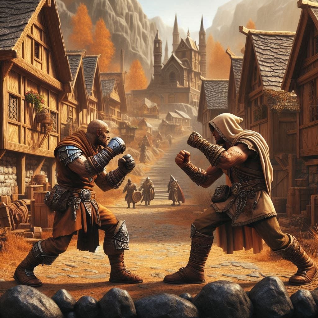 two human villagers boxing in a medieval town surrounded by brown trees and black rocks, dungeons and dragons fantasy picture